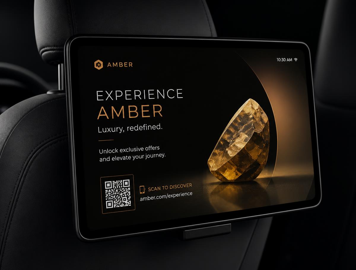 Ecrã digital ACTYON dentro de um veículo a exibir um anúncio com QR code